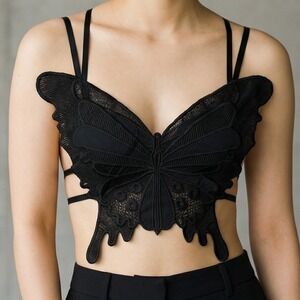 Black Butterfly Lace Bra Top Adjustable Straps Gothic Fairy Y2K Rave festival